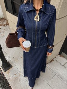 DAZY Women's Waist-Cinching Jacket & Denim Skirt Set - Blue - View 9