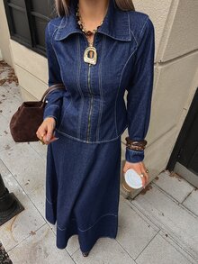 DAZY Women's Waist-Cinching Jacket & Denim Skirt Set - Blue - View 3