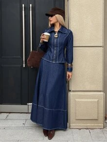 DAZY Women's Waist-Cinching Jacket & Denim Skirt Set - Blue - View 6