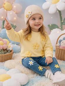 SHEIN Baby Girls 3D Flower Sweatshirt & Floral Autumn Pants Set - Yellow - View 1