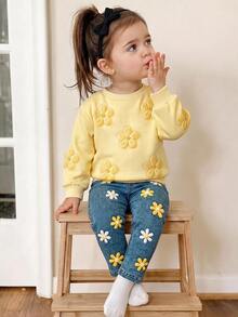 SHEIN Baby Girls 3D Flower Sweatshirt & Floral Autumn Pants Set - Yellow - View 4
