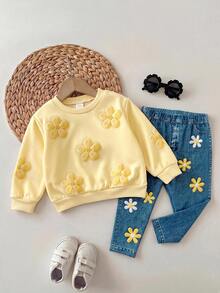 SHEIN Baby Girls 3D Flower Sweatshirt & Floral Autumn Pants Set - Yellow - View 3