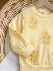 SHEIN Baby Girls 3D Flower Sweatshirt & Floral Autumn Pants Set - Yellow - View 5