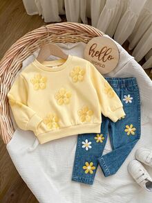 SHEIN Baby Girls 3D Flower Sweatshirt & Floral Autumn Pants Set - Yellow - View 7