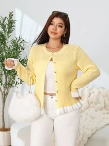 Solflare Plus Size Women's Colorblock Ruffle Hem Long Sleeve Knit Cardigan - Yellow - View 7
