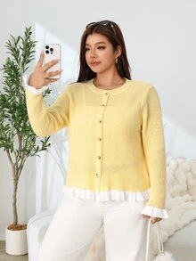 Solflare Plus Size Women's Colorblock Ruffle Hem Long Sleeve Knit Cardigan - Yellow - View 5