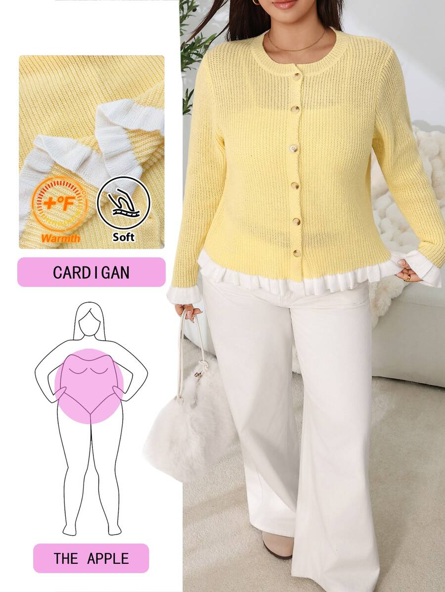 Solflare Plus Size Women's Colorblock Ruffle Hem Long Sleeve Knit Cardigan - Yellow - View 1