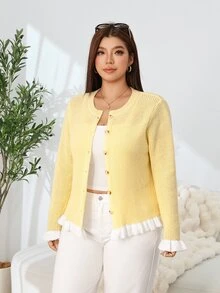 Solflare Áo cardigan len dệt kim tay dài phối màu, gấu bèo nhún cho nữ size lớn - Màu vàng - Xem 3
