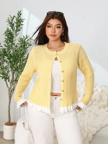 Solflare Plus Size Women's Colorblock Ruffle Hem Long Sleeve Knit Cardigan - Yellow - View 4