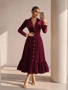 Structelle Women's Casual Long Sleeve Velvet Fabric Blazer Lapel V-Neck With Exquisite Metal Buttons Hemline Patchwork Ruffle Fishtail Pleated Long Dress - Red Violet - View 6