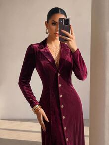 Structelle Women's Casual Long Sleeve Velvet Fabric Blazer Lapel V-Neck With Exquisite Metal Buttons Hemline Patchwork Ruffle Fishtail Pleated Long Dress - Red Violet - View 5