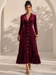 Structelle Women's Casual Long Sleeve Velvet Fabric Blazer Lapel V-Neck With Exquisite Metal Buttons Hemline Patchwork Ruffle Fishtail Pleated Long Dress - Red Violet - View 3