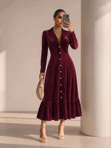 Structelle Women's Casual Long Sleeve Velvet Fabric Blazer Lapel V-Neck With Exquisite Metal Buttons Hemline Patchwork Ruffle Fishtail Pleated Long Dress - Red Violet - View 8