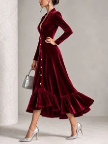 Structelle Women's Casual Long Sleeve Velvet Fabric Blazer Lapel V-Neck With Exquisite Metal Buttons Hemline Patchwork Ruffle Fishtail Pleated Long Dress - Red Violet - View 4