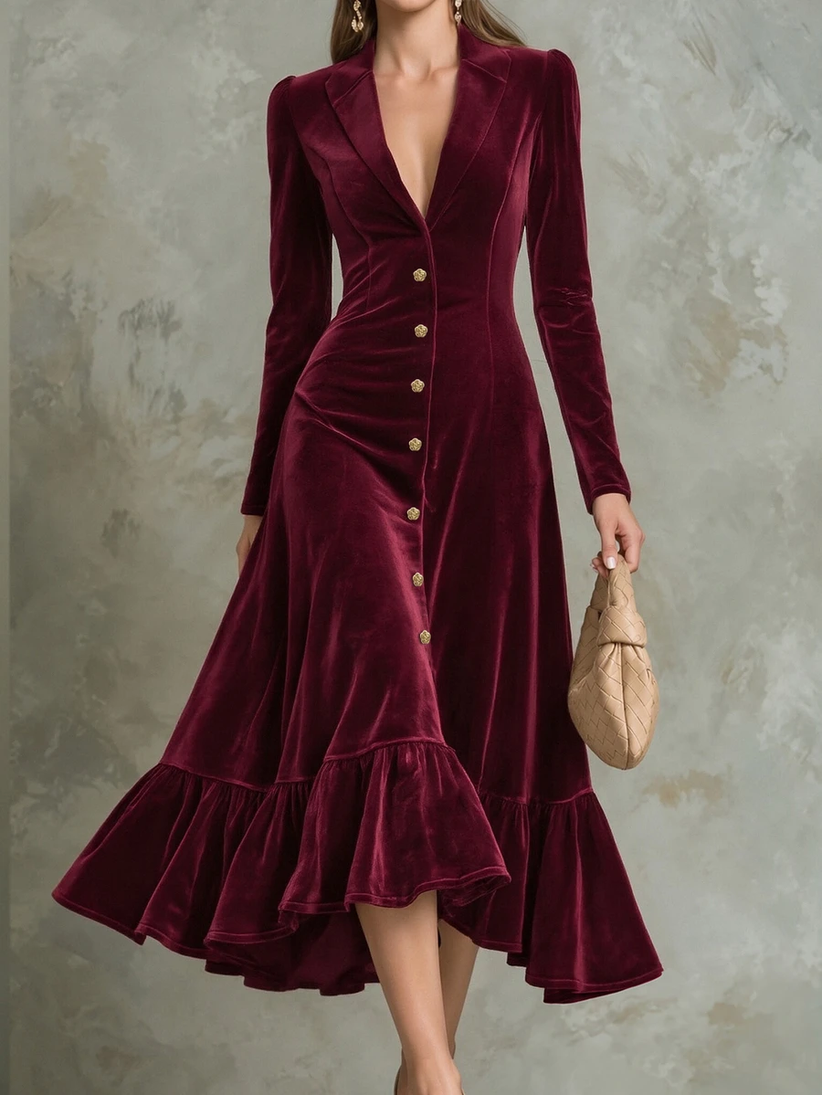 Structelle Women's Casual Long Sleeve Velvet Fabric Blazer Lapel V-Neck With Exquisite Metal Buttons Hemline Patchwork Ruffle Fishtail Pleated Long Dress - Red Violet - View 1