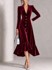 Structelle Women's Casual Long Sleeve Velvet Fabric Blazer Lapel V-Neck With Exquisite Metal Buttons Hemline Patchwork Ruffle Fishtail Pleated Long Dress - Red Violet - View 7