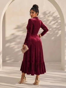 Structelle Women's Casual Long Sleeve Velvet Fabric Blazer Lapel V-Neck With Exquisite Metal Buttons Hemline Patchwork Ruffle Fishtail Pleated Long Dress - Red Violet - View 2