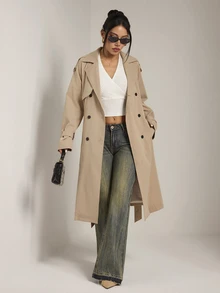 SHEIN PETITE 女款休閒雙排扣風衣外套，秋季 - 卡其色 - 查看 7