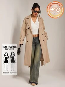 SHEIN PETITE 女款休閒雙排扣風衣外套，秋季 - 卡其色 - 查看 4