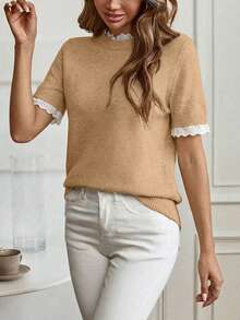 Louniche Spring/Summer Elegant Commute Home Daily Apricot Small Round Neck Lace Trim Patchwork Knit Pullover Short Sleeve Sweater - Camel - View 4