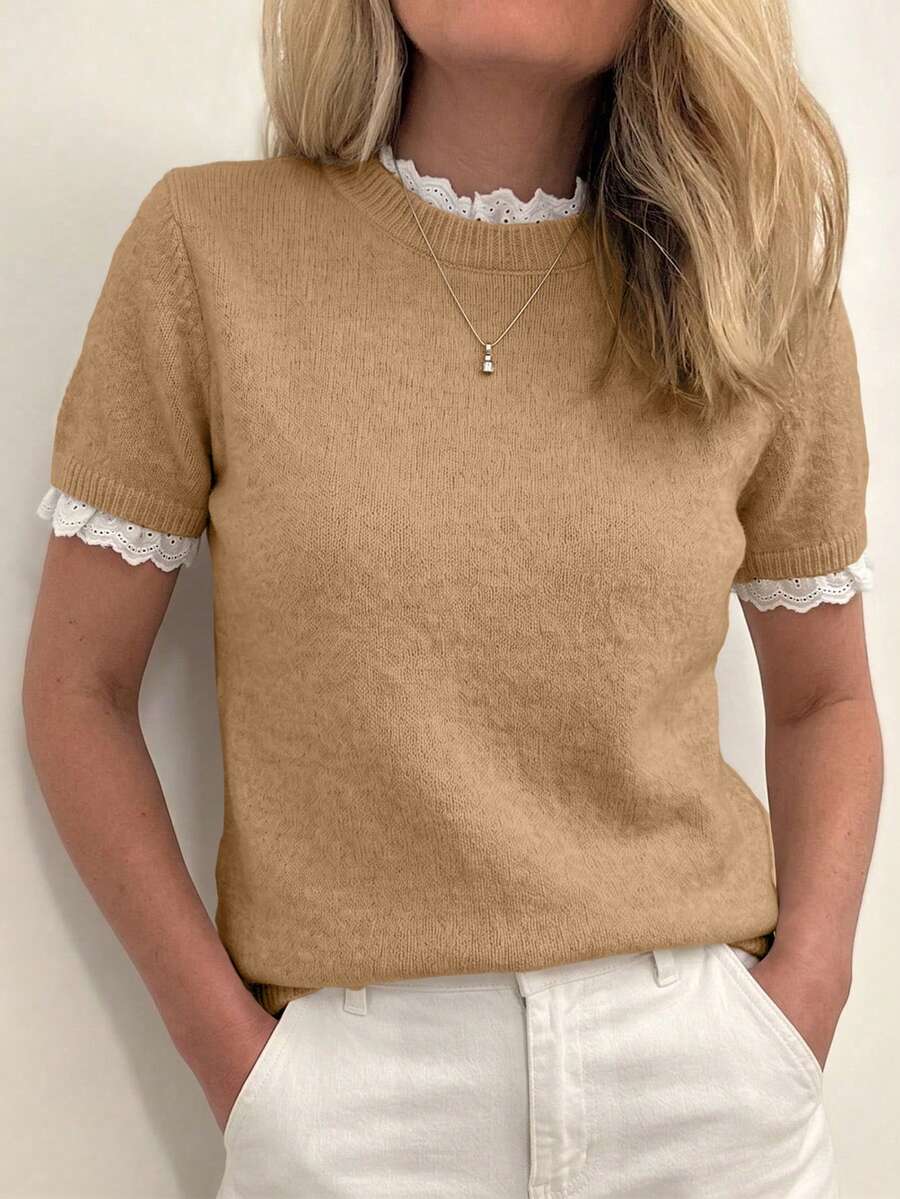 Louniche Spring/Summer Elegant Commute Home Daily Apricot Small Round Neck Lace Trim Patchwork Knit Pullover Short Sleeve Sweater - Camel - View 1