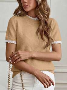 Louniche Spring/Summer Elegant Commute Home Daily Apricot Small Round Neck Lace Trim Patchwork Knit Pullover Short Sleeve Sweater - Camel - View 6