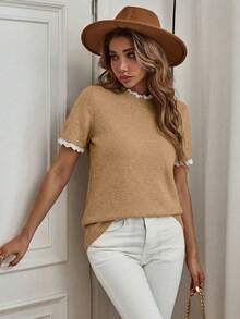 Louniche Spring/Summer Elegant Commute Home Daily Apricot Small Round Neck Lace Trim Patchwork Knit Pullover Short Sleeve Sweater - Camel - View 7
