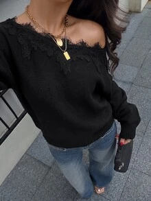 Siren Gaze 女款新款秋季不對稱露肩蕾絲拼接針織衫，黑色浪漫優雅性感，適合萬聖節晚餐派對約會之夜 - 黑色 - 查看 5