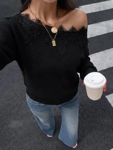 Siren Gaze 女款新款秋季不對稱露肩蕾絲拼接針織衫，黑色浪漫優雅性感，適合萬聖節晚餐派對約會之夜 - 黑色 - 查看 6
