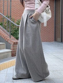 DAZY Solid Color Loose Wool Trousers Casual Street Korean Style Vacation Autumn/Winter Women Long Pants - Grey - View 5