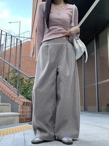 DAZY Solid Color Loose Wool Trousers Casual Street Korean Style Vacation Autumn/Winter Women Long Pants - Grey - View 3