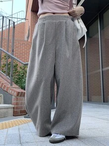 DAZY Solid Color Loose Wool Trousers Casual Street Korean Style Vacation Autumn/Winter Women Long Pants - Grey - View 4