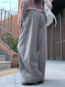 DAZY Solid Color Loose Wool Trousers Casual Street Korean Style Vacation Autumn/Winter Women Long Pants - Grey - View 7