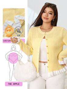 Solflare Áo cardigan len dệt kim tay dài phối màu, gấu bèo nhún cho nữ size lớn - Màu vàng - Xem 1