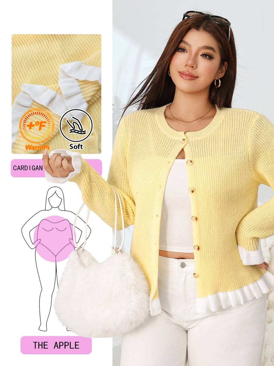 Solflare Áo cardigan len dệt kim tay dài phối màu, gấu bèo nhún cho nữ size lớn - Màu vàng - Xem 1