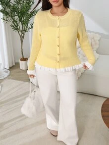 Solflare Áo cardigan len dệt kim tay dài phối màu, gấu bèo nhún cho nữ size lớn - Màu vàng - Xem 7