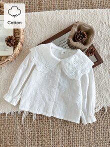 SHEIN 1件幼童女嬰上衣襯衫，甜美優雅白色刺繡蕾絲瑞士波點泡泡袖彼得潘領薄款，婚禮賓客春秋冬假日鈕扣款 - 白色 - 查看 4