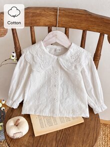 SHEIN 1件幼童女嬰上衣襯衫，甜美優雅白色刺繡蕾絲瑞士波點泡泡袖彼得潘領薄款，婚禮賓客春秋冬假日鈕扣款 - 白色 - 查看 5