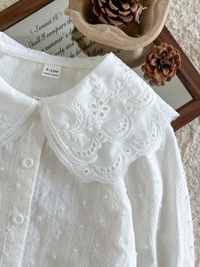 SHEIN 1件幼童女嬰上衣襯衫，甜美優雅白色刺繡蕾絲瑞士波點泡泡袖彼得潘領薄款，婚禮賓客春秋冬假日鈕扣款 - 白色 - 查看 9