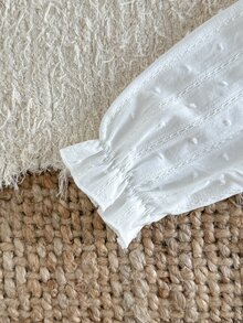 SHEIN 1件幼童女嬰上衣襯衫，甜美優雅白色刺繡蕾絲瑞士波點泡泡袖彼得潘領薄款，婚禮賓客春秋冬假日鈕扣款 - 白色 - 查看 8