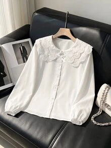 SHEIN 少女休閒可愛短袖前開鈕扣襯衫上衣 夏季返校日常穿搭上衣 - 白色 - 查看 9