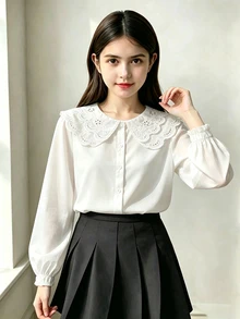SHEIN 少女休閒可愛短袖前開鈕扣襯衫上衣 夏季返校日常穿搭上衣 - 白色 - 查看 3