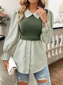 SHEIN Women's Striped Print Simple Daily Long Sleeve Top Fall Cloth For Women - Army Green - View 3