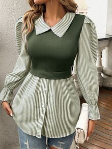 SHEIN Women's Striped Print Simple Daily Long Sleeve Top Fall Cloth For Women - Army Green - View 4