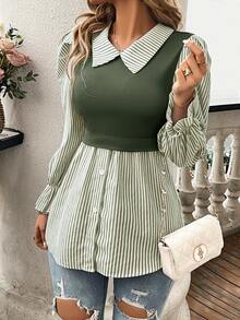 SHEIN Women's Striped Print Simple Daily Long Sleeve Top Fall Cloth For Women - Army Green - View 6
