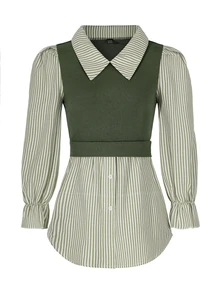 SHEIN Women's Striped Print Simple Daily Long Sleeve Top Fall Cloth For Women - Army Green - View 7