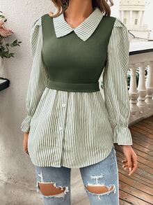 SHEIN Women's Striped Print Simple Daily Long Sleeve Top Fall Cloth For Women - Army Green - View 5