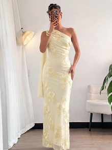 Firerie 女款夏季優雅浪漫時尚通勤性感優雅風不對稱領修身洋裝，秋季沙烏地國慶返鄉穿搭 - 鵝黃色 - 查看 11