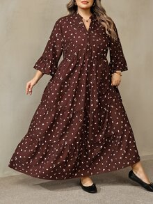 SHEIN CURVE+ فستان نسائي مقاس كبير 22W، فستان طويل للخريف - بني - مشاهدة 6