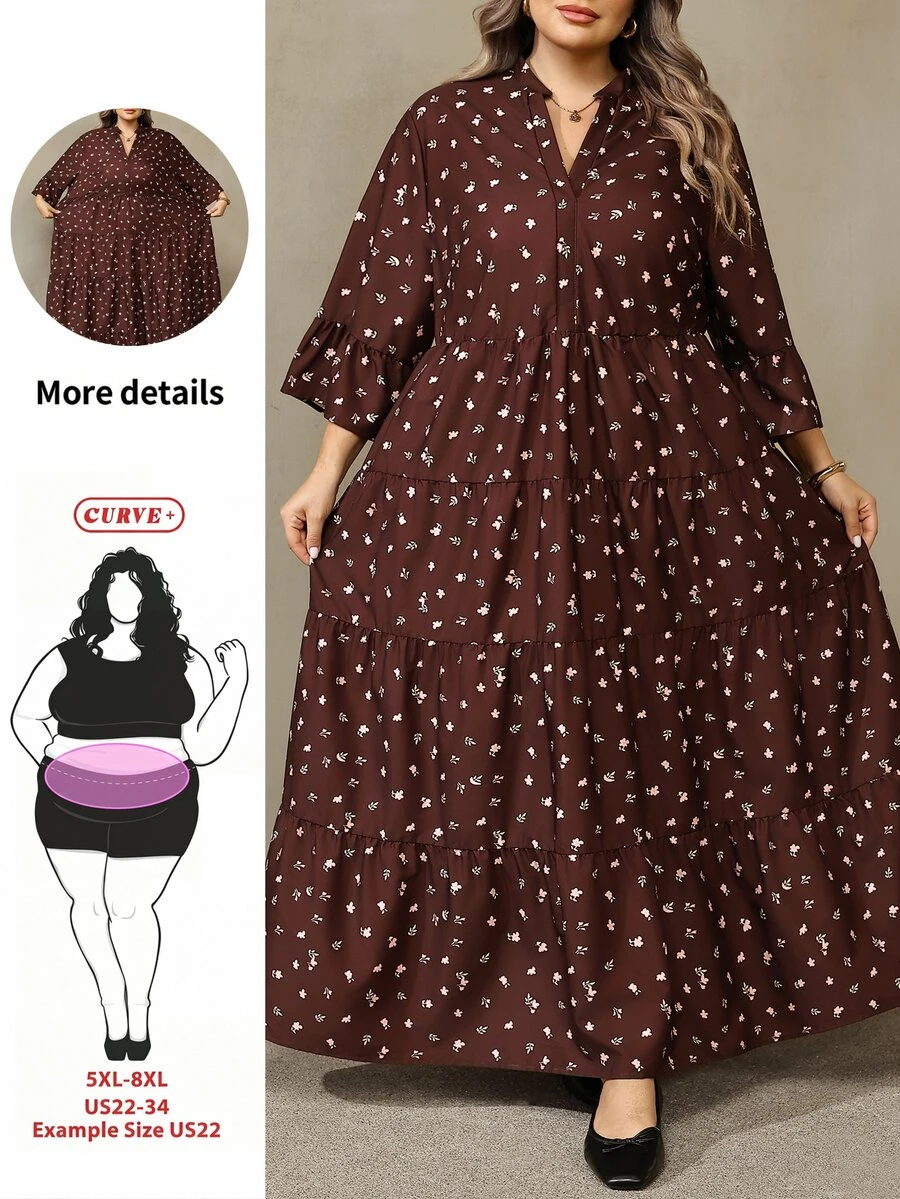 SHEIN CURVE+ فستان نسائي مقاس كبير 22W، فستان طويل للخريف - بني - مشاهدة 1